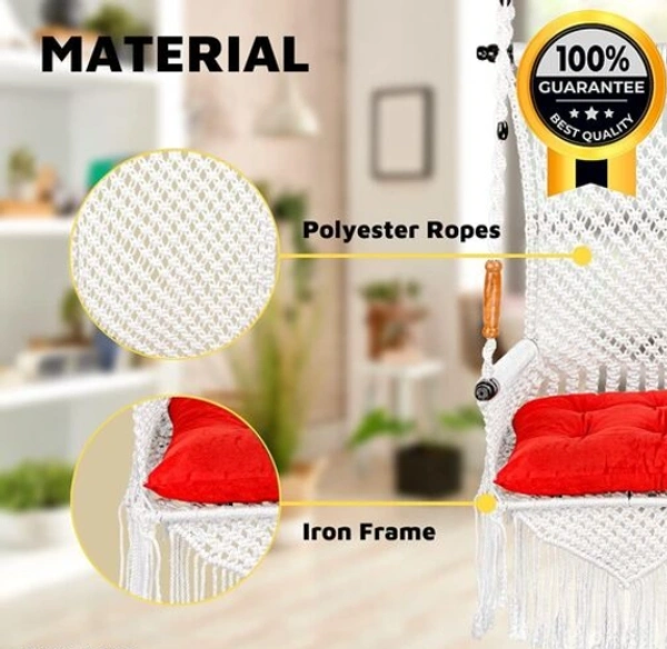 The Elegant Curio Centre Premium Maharaja Hanging Swing - White with Polyester Ropes & Mild Steel Frame Chair with Heavy Duty Stainless Steel Hanging Accessories And Cushion has a unique design, - Free Size, White, Polyester Rope With Iron Frame, Pack of 1